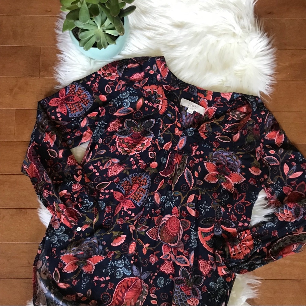 LOFT Navy Floral Blouse with Pink and Red Accents